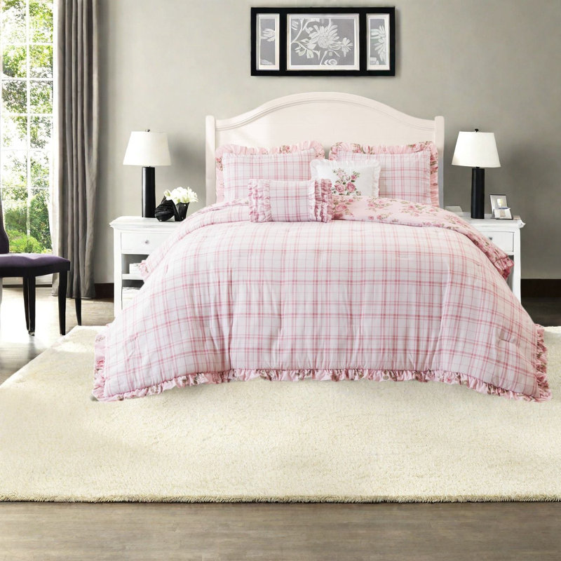 King Bedding Sets, Pink Floral Microfiber Comforter with Ruffled Shams