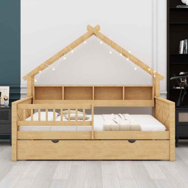 Lits plateforme en bois avec DEL, tablettes de rangement, tiroirs et garde-corps, Naturel
