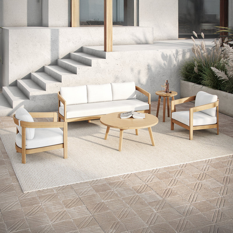 Ensemble d'extérieur 5 pièces en bois et tissu Pablo avec canapé, 2 chaises, table basse et table de bout, naturel / blanc