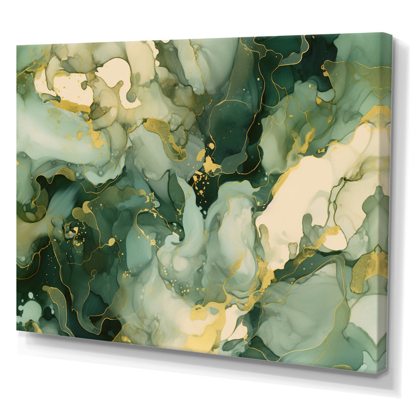 «Green Luxury Abstract Fluid Art I», art mural fractales, H 16 po x l 32 po x P 1 po, Toile tendue