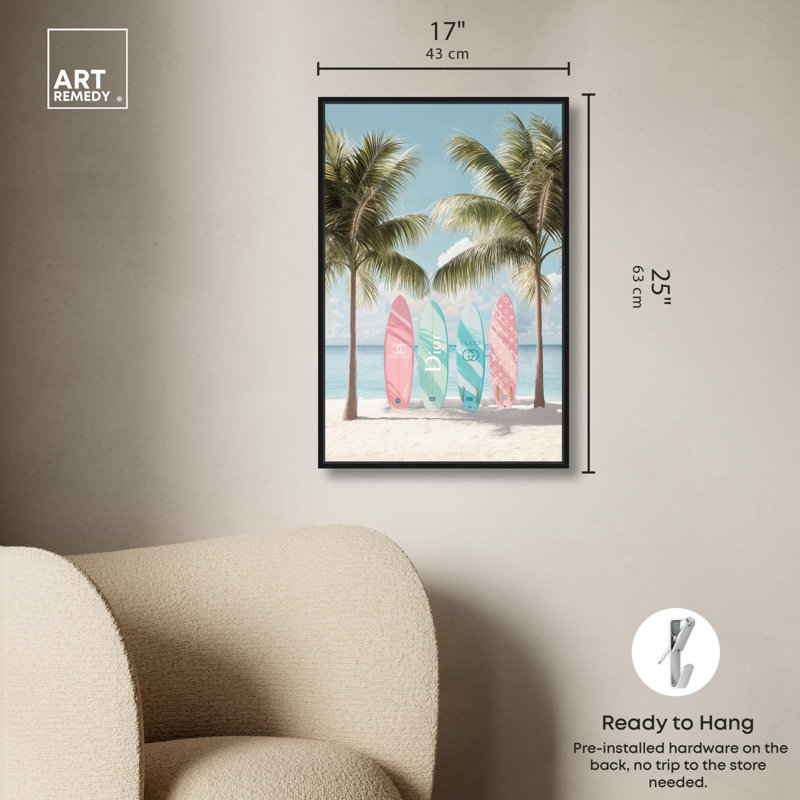 Pastel Surfboards in the Sun Canvas Trendy Coastal Print by, 25" H x 17" W, Black Floater Frame