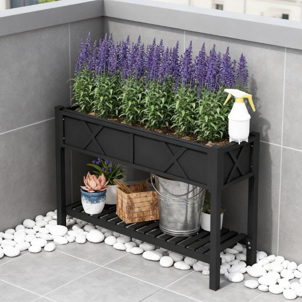 Dual-Tier Elevated Wood Planter Box,Raised Garden Bed,With Storage Shelf,Drainage Holes,And Liner, Black