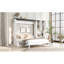 Grand lit avec rangement intégré, bureau et rangement, peu encombrant, couleur blanche, bois et coin salon moelleux pour travailler