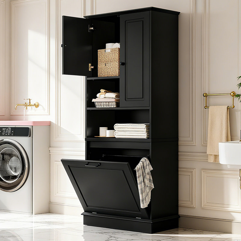 Fleurine 68'' H Bathroom Cabinet with Tilt-Out Laundry Hamper,Modern Linen Cabinet with Adjustable Shelf,Freestanding Style
