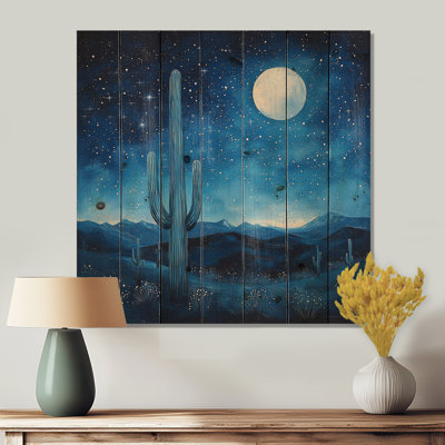 Saguaro Cactus Under The Stars III - Floral Cactus Wood Wall Decor - On Natural Pine Wood