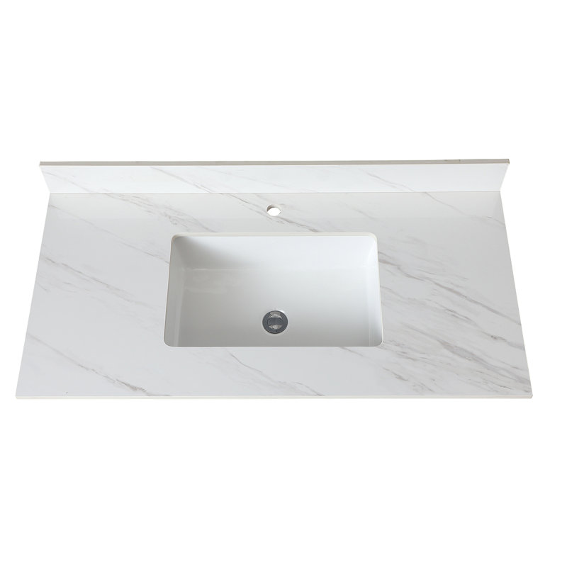 Comptoir de meuble-lavabo 43 po - Pierre frittée blanche avec trous de robinet pré-percés et dosseret central 43 po, dosseret, option de trou