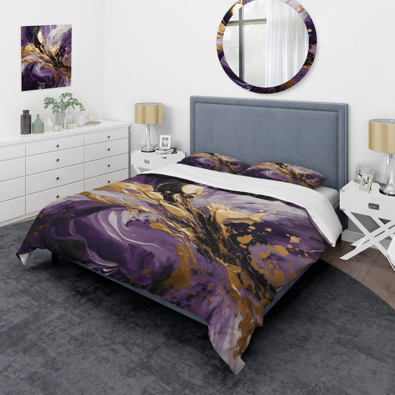 Ensemble de housse de couette en microfibre / polyester mauve et doré liquide Magic II