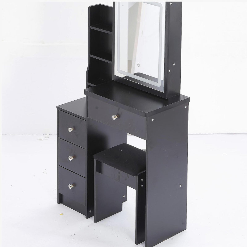 29.2" Small Size Left Bedside Cabinet Vanity Table + Cushioned Stool, Large Sliding, Touch Control, Tri-color Switching, Brightness Adjust LED Mirror, High Capacity Storage, Suitable for Small Space