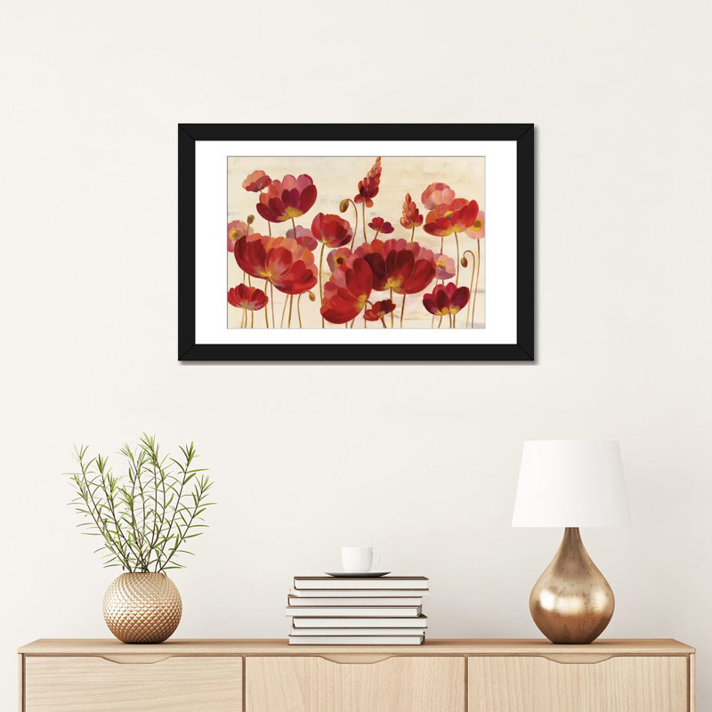 « red florals on crème », impression sur toile, H 18 po x l 26 po x P 1,5 po, Toile avec cadre noir, Blanc