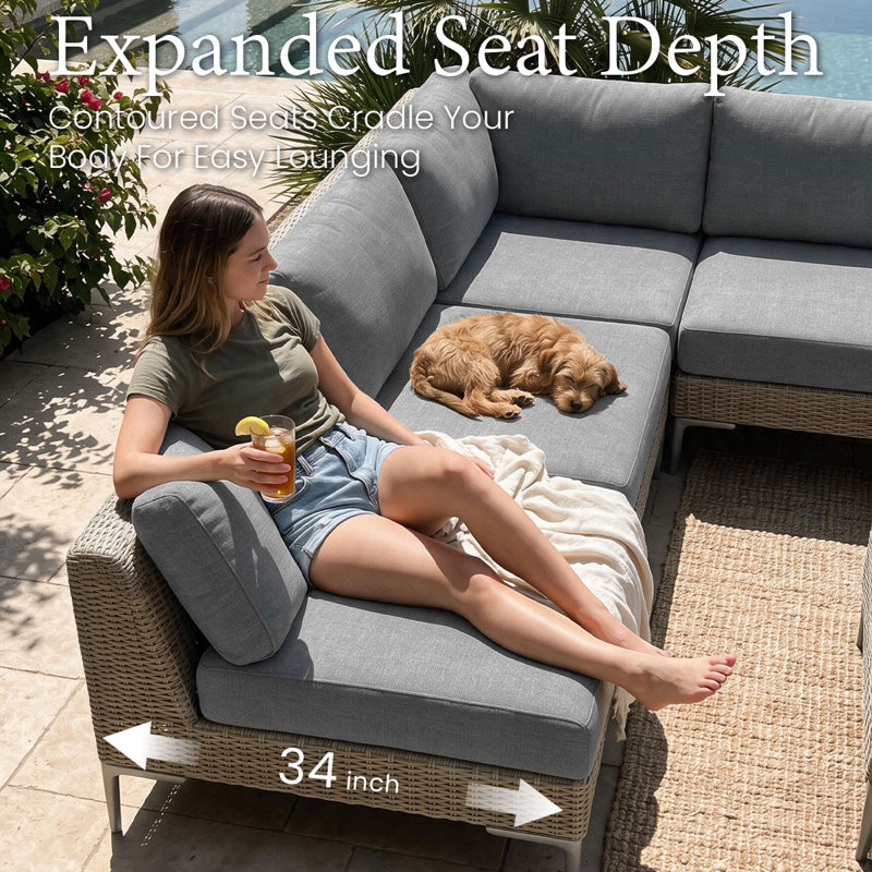  7-piece Wicker Rattan Patio Furniture Set, Deep Seating Outdoor Modular Sectional Sofa Conversation Set With Thick Cushions For Lawn, Garden