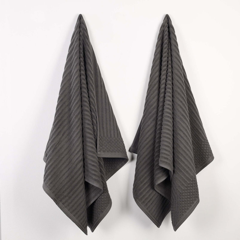 Ruvins Cotton Highly Absorbent Solid and Checkered Border Bath Sheet Set, Dark Grey