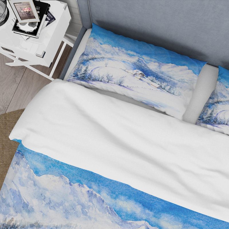 Paysage de montagne d'hiver avec maison en bois - ensemble de housse de couette traditionnel - microfibre de polyester