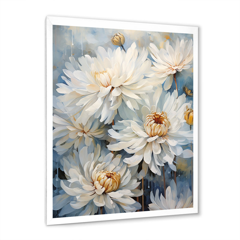 «White and Blue Chrysanthemums V» sur impression sur toile, Cadre simple blanc, H 44 po x l 34 po x P 1,5 po