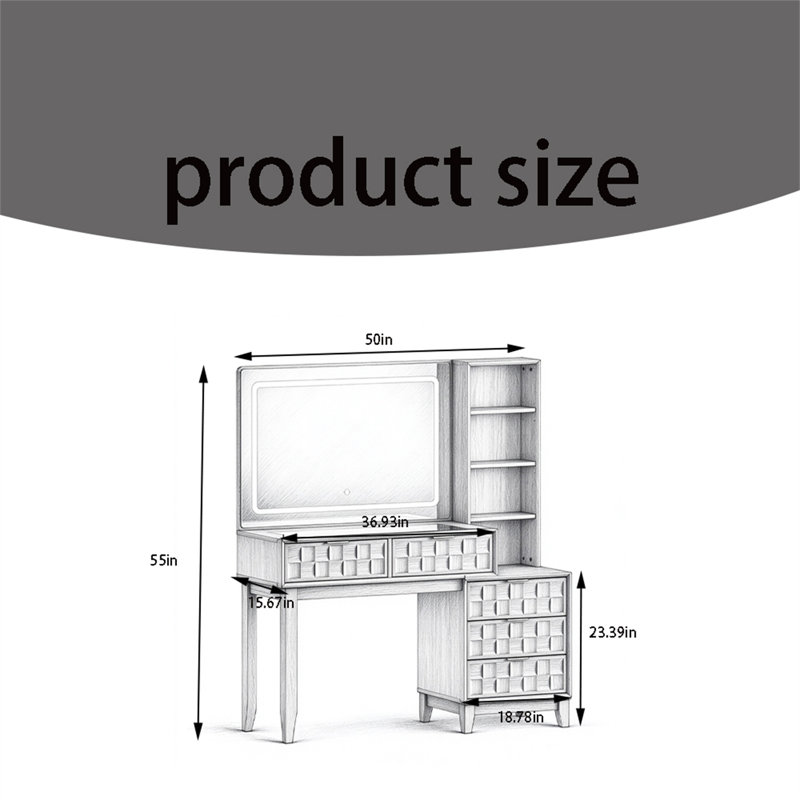 Dressing table, large glass countertop dressing table with LED mirror and built-in power supply, White