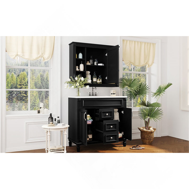 Meuble-lavabo de 36 po avec lavabo supérieur, armoire à miroir noire, armoire de rangement moderne avec 2 portes à fermeture douce et 2 tiroirs, meuble-lavabo simple
