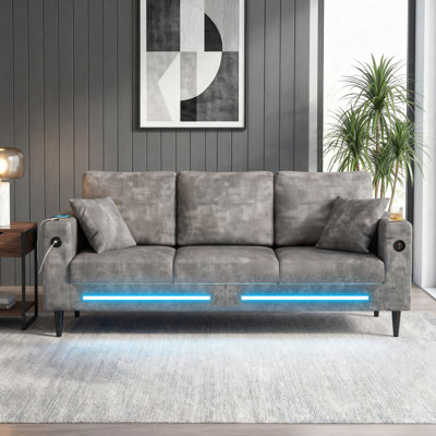 78" Modern 3-Seater Corduroy Sofa with Ambient LED Light, USB Charging Port and Side Storage Pocket