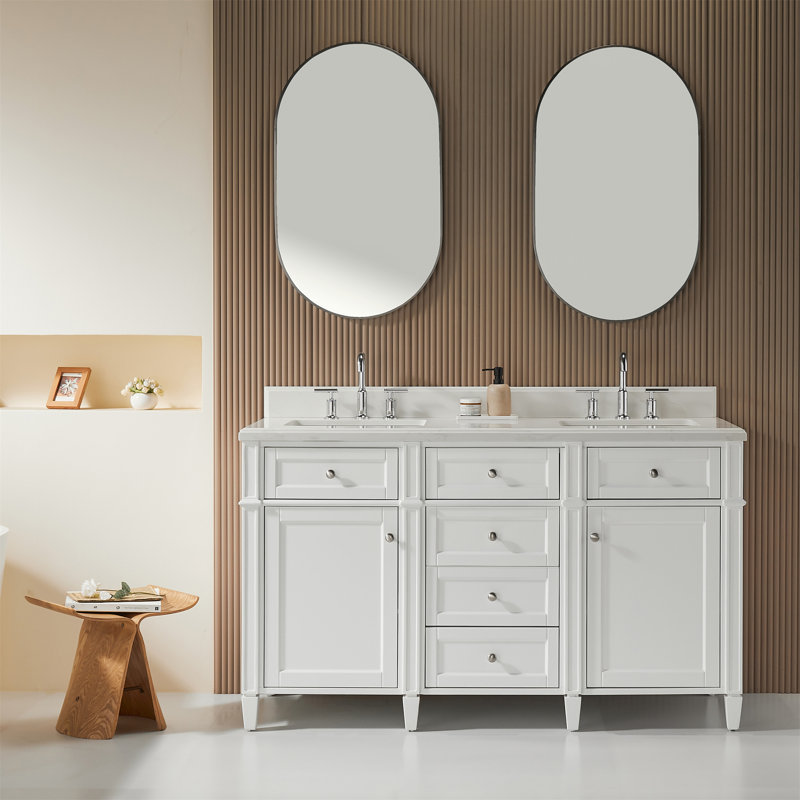 Meuble-lavabo autoportant à double cuve 60 po avec comptoir en quartz entièrement assemblé