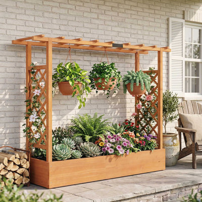 Lit de jardin surélevé en bois de 45 pouces de haut avec treillis latéral suspendu et trous de drainage pour le patio extérieur