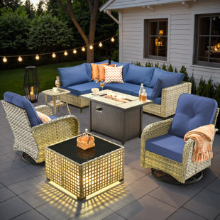 Emroy 6 - Person Outdoor Wicker Sectional Seating Group with Lighted Coffee Table and Swivel Chairs, All Weather Modular Rattan Conversation Set with Cushions