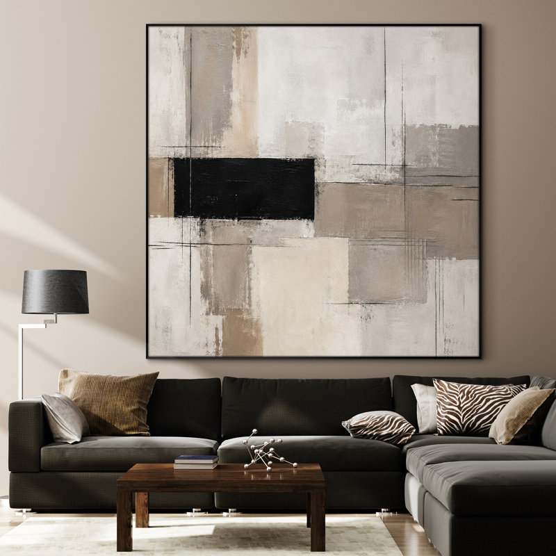 Très grand art mural imprimé sur tissu - Blocs abstraits minimalistes beiges, décoration de bureau moderne - «Assemblage requis du cadre (cadre non fini)»