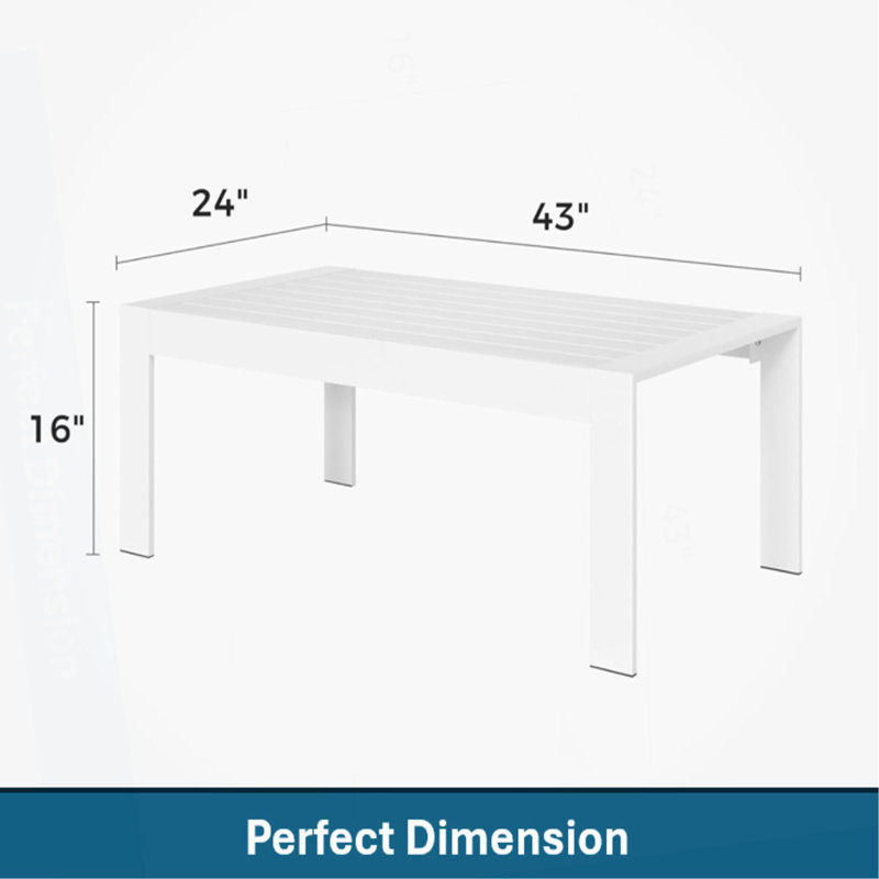 43" All-Weather Aluminum Patio Coffee Table/ Modern White Rectangle Outdoor Table