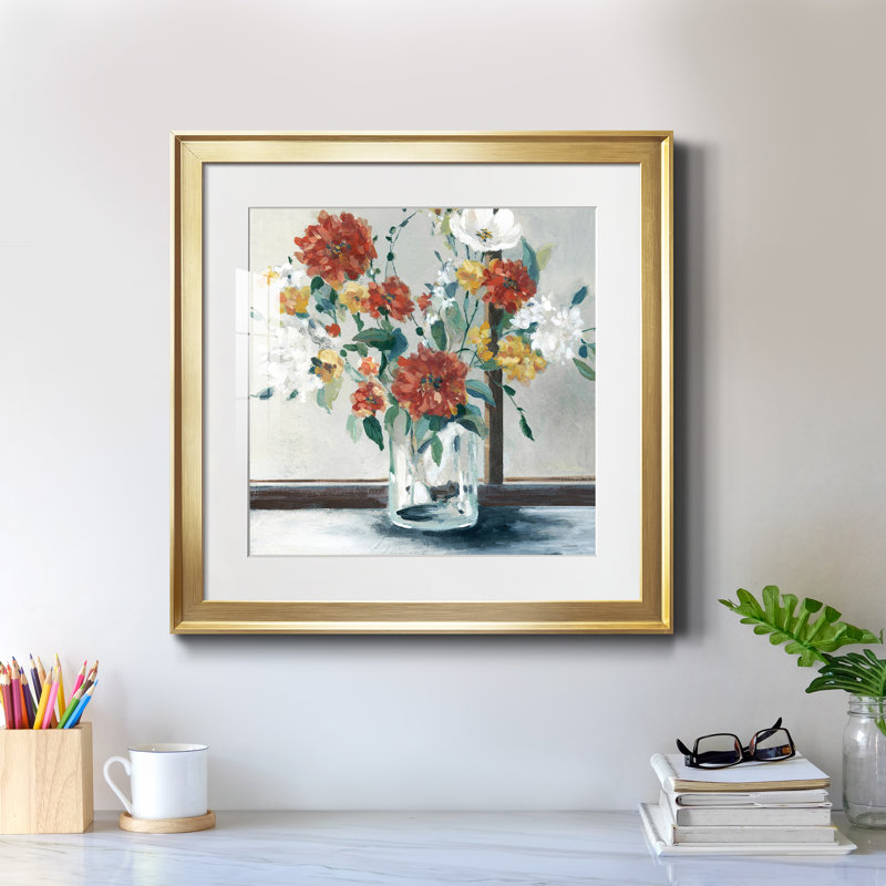 Ensoleillé - peinture encadrée, Encadrement doré, H 17,5 po x l 17,5 po x P 1,5 po