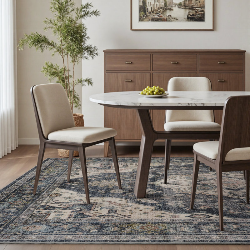 Soft Navy Machine Washable Oriental Area Rug For Living Room, Bedroom, Rectangle 5' x 7', Navy