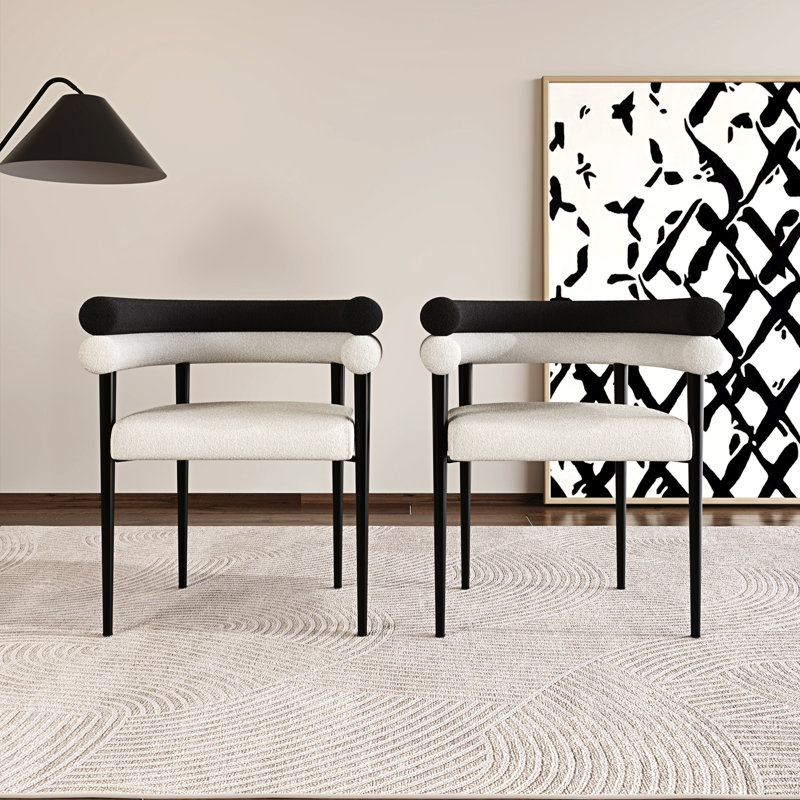 Dining Chairs Upholstered Arm Chairs With Backrests and Metal Legs(Set of 2), Black/White