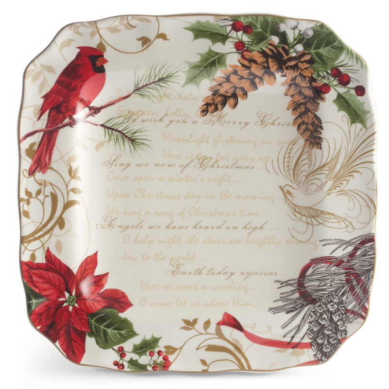 222 Fifth 12-Piece Holiday Wishes Red Porcelain Dinnerware Set - Service For 4, Plate & Bowl Set