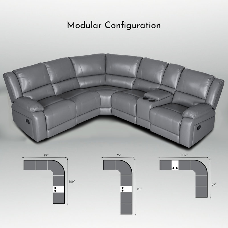 109" Faux Leather Reclining Sectional, One Console With Storage & Cup Holders, Gray Faux Leather