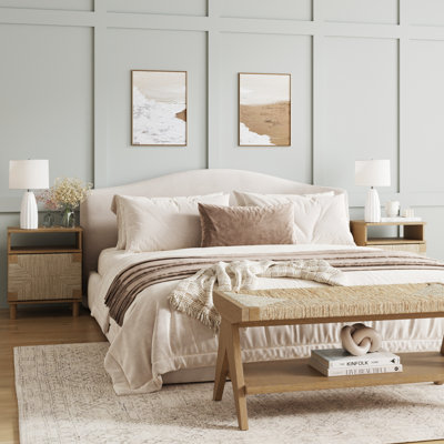 Claudinette Bohemian Bedroom Nightstand Set With Bench, Solid Wood Bedroom Set With Seagrass