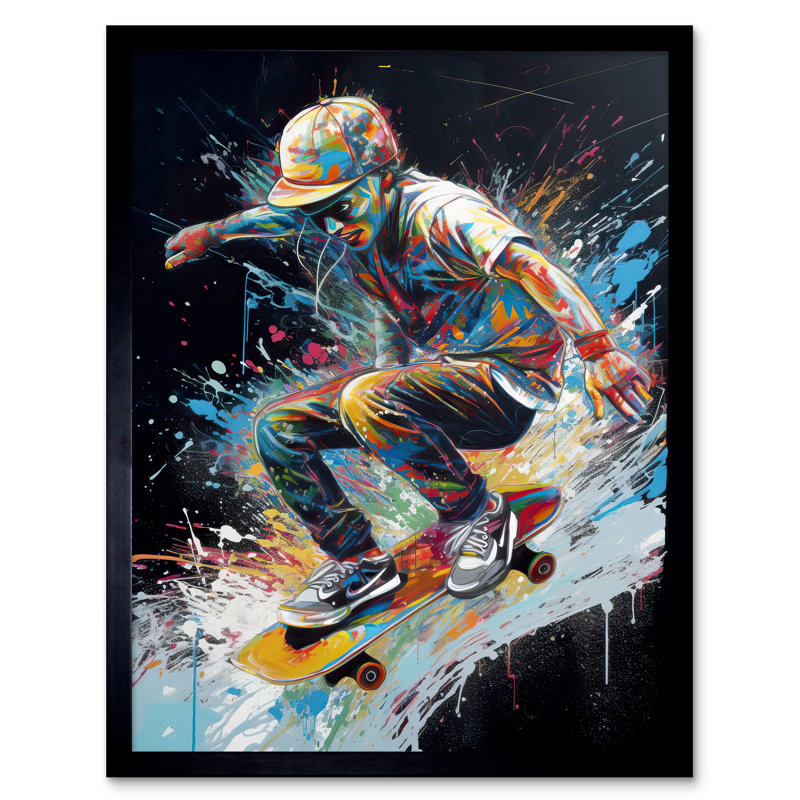 Lual Skateboarder Skating Multicoloured Splat Paint - Single Picture Frame Print