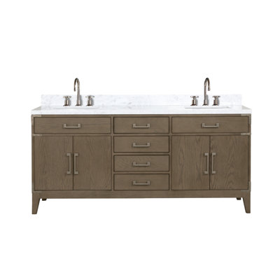 Meuble-lavabo double en chêne gris 72 po X P 22 po D, dessus en marbre de Carrare et ensemble de robinet