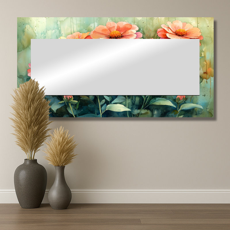 Zinnias Summer Petals In The Breeze I - Art mural miroir floral - imprimé sur métal, 28 po x 55 po