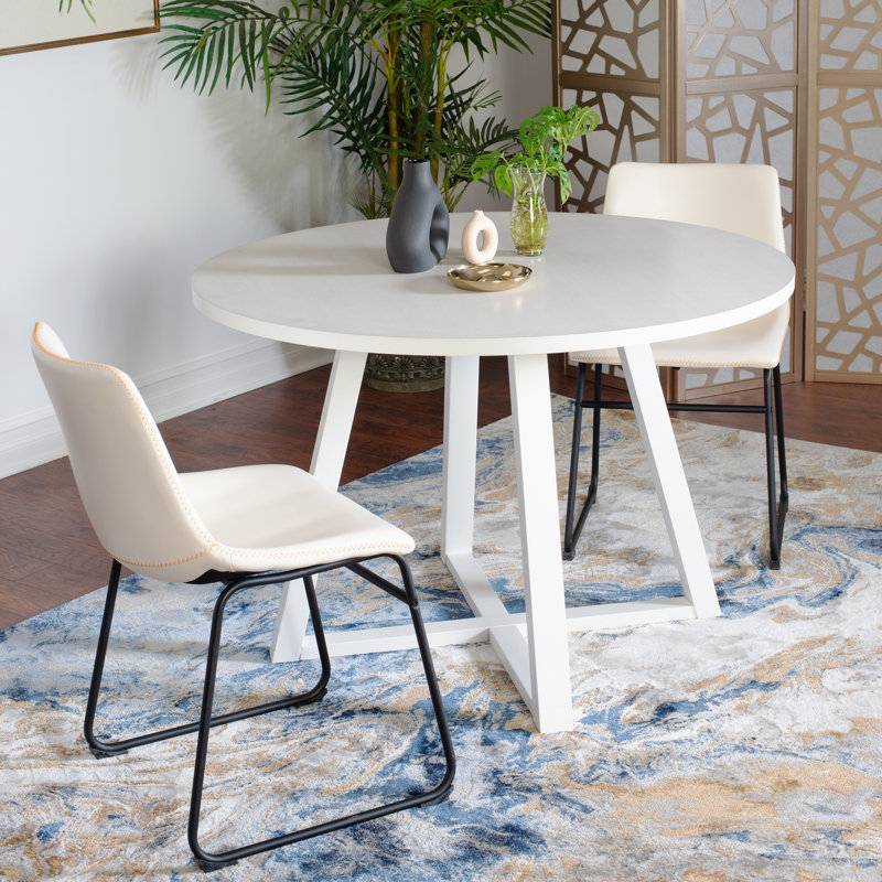  Ensemble de salle à manger rond, table de salle à manger à tréteaux avec 2 chaises élégantes, 3, Blanc