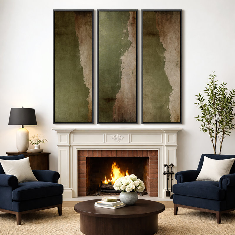 Subtile olive verte abstraite tons de terre triptyque - images très grandes impressions sur toile encadrées 3 pièces