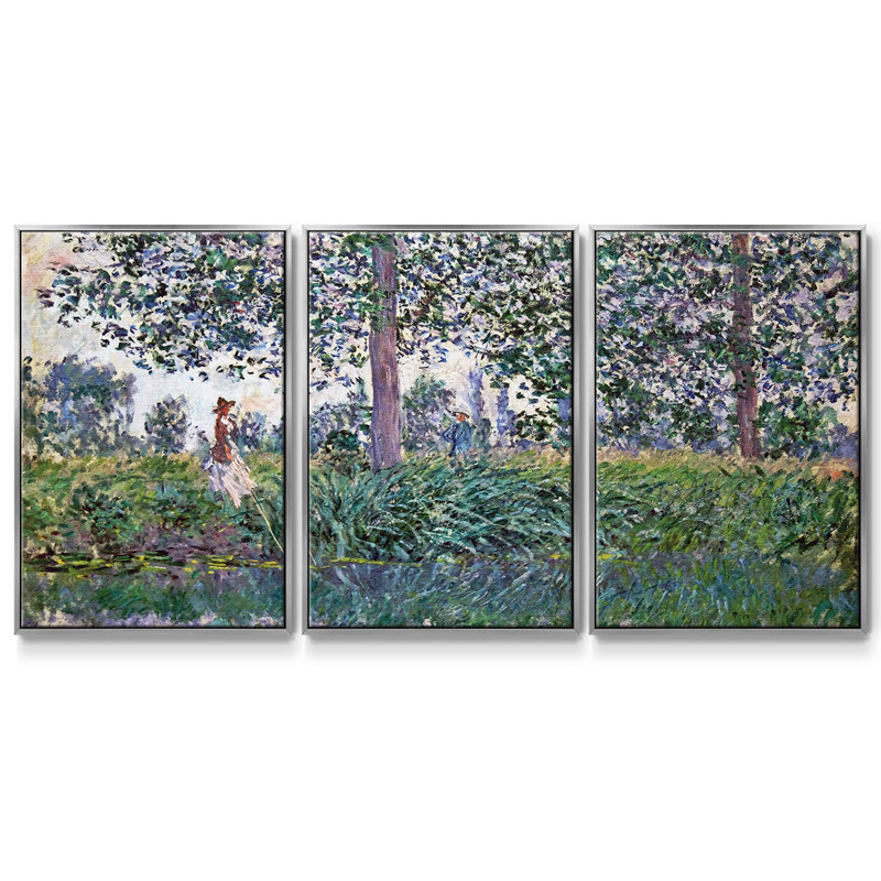 Pêche sur la rivière Epte, 1887, reproduction d'art sur toile 3 pièces, H 24 po x l 48 po x P 2 po, Argent