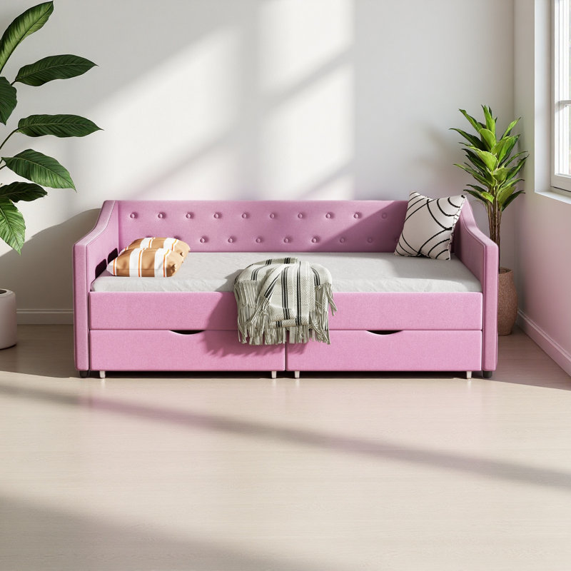 Lit de jour avec tiroirs, canapé-lit capitonné, avec boutons sur le dos et passepoil sur les accoudoirs ondulés, Lit simple