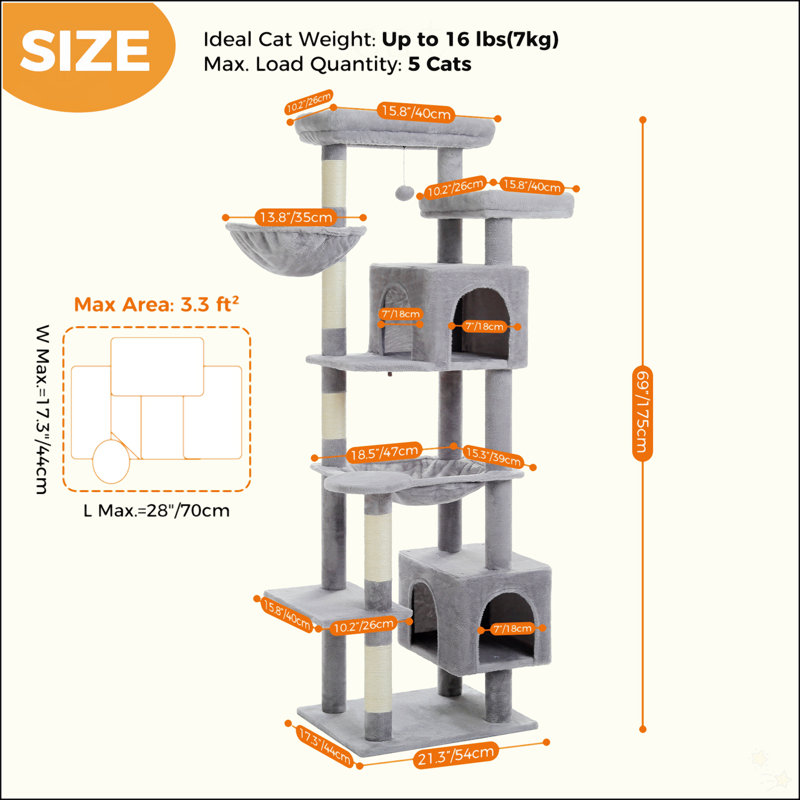 Arbre à chat 69 po pour grands chats d'intérieur, Gris