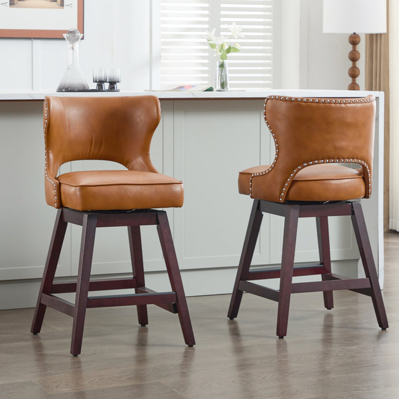 26" Solid Wood Swivel Counter Stool, Brown, 2