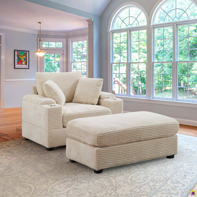Atlai 42.12"W Luxury Corduroy Modular Chaise Lounge Chair, Storage Armrests, Cup Holders by Wade Logan