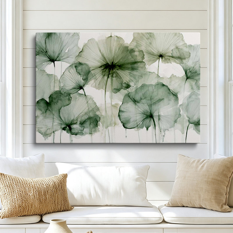 Tableau sur toile 61 x 46 cm (24 x 18 pouces) style ferme moderne, motif feuilles de lotus vert sauge - Décoration de salon