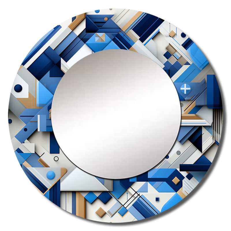 Bleu et blanc Matrix Grid - miroir mural géométrique unique, miroir bleu, impression d'art en métal, 36 po x 36 po, Rond