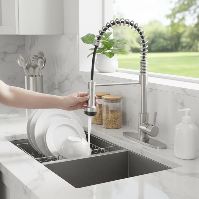 Commercial Pull Down Kitchen Faucet With 4-function Sprayer, Single Handle Spring Sink Faucet In Brushed Nickel (deck Plate Included)
