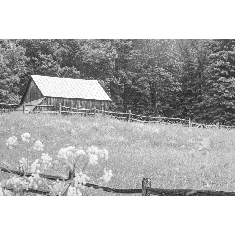 «Summer Farm I BW» par Sue Schlabach - photographie, H 20 po x l 30 po, Papier avec cadre simple noir sans passe-partout