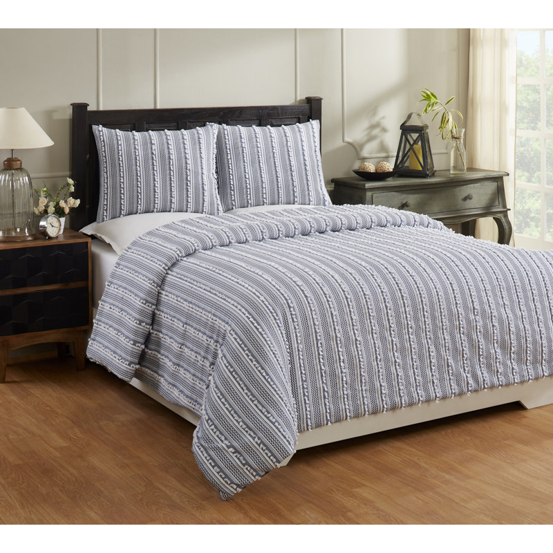 Gray King Cotton Comforter Set with Textured Stripes