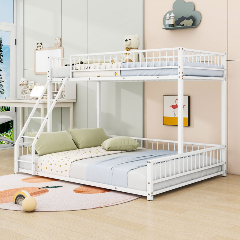 Lit superposé en métal robuste avec conception détachable, garde-corps et échelle, Simple TG sur grand, Blanc