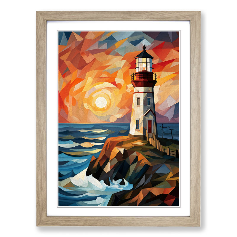 Lighthouse Cubism No.2 - Single Picture Frame Print on Wood, 34cm H x 25cm W x 2cm D, Oak