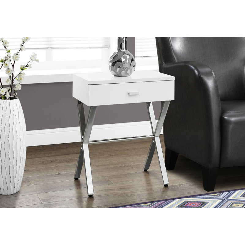 Table d'appoint moderne en stratifié blanc lustré avec piètement en métal et tiroir de rangement pour salon et chambre à coucher - Poignées décoratives