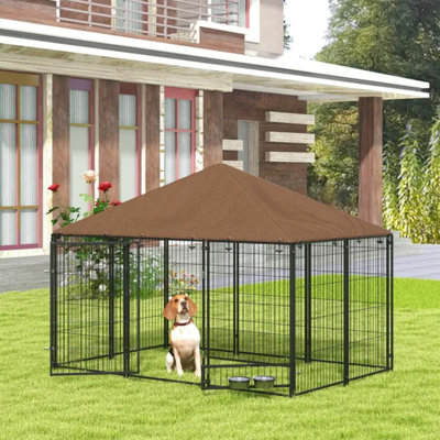 Chenil d'extérieur pour chien 6,9 pi x 4,6 pi x 5 pi avec auvent résistant aux intempéries, cage de parc pour chiot en métal avec bol d'alimentation rotatif